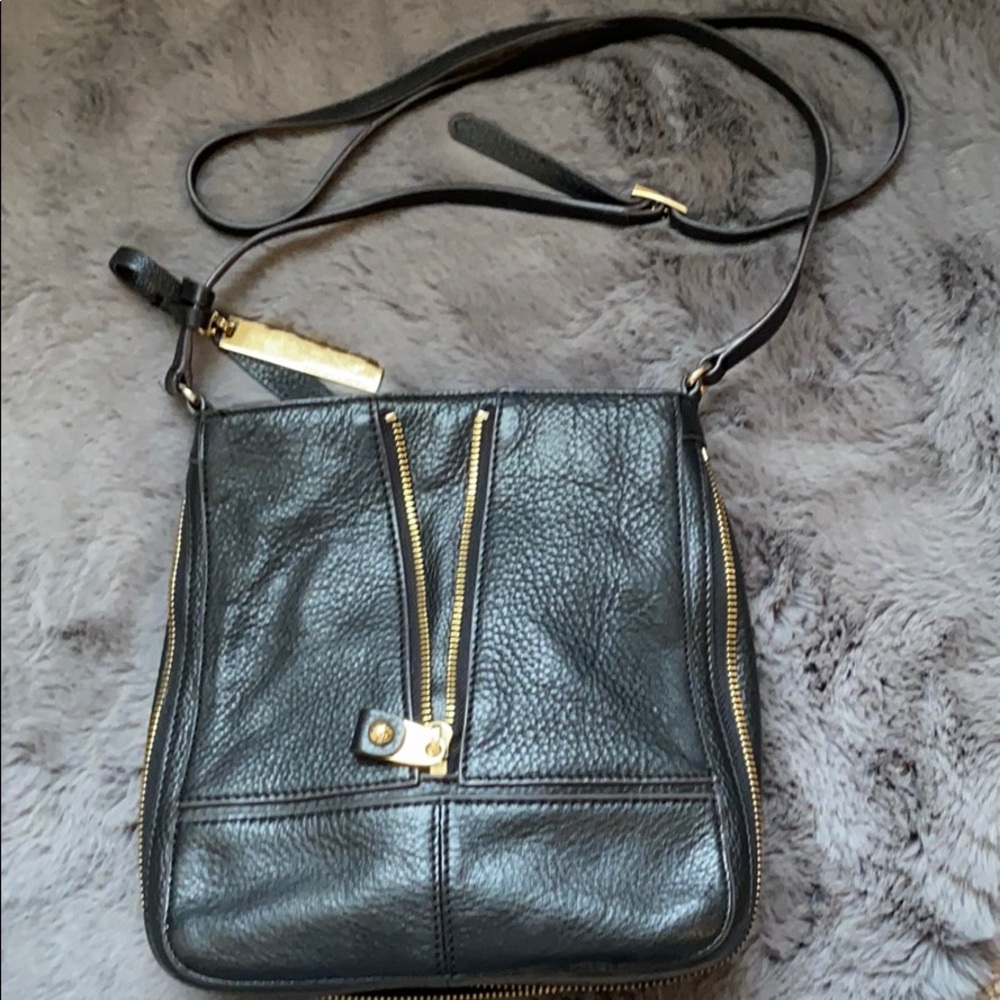 Black pebbled leather gold zipper crossbody